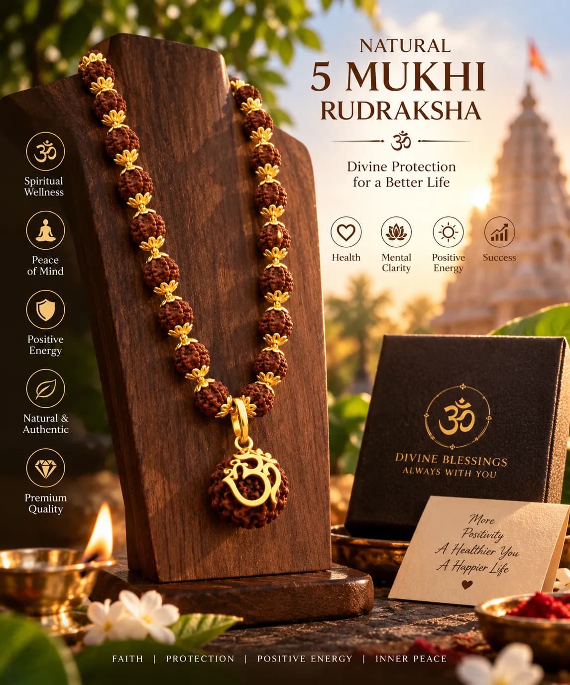 5 Mukhi Rudraksha Om Shree Necklace – Gold Plated